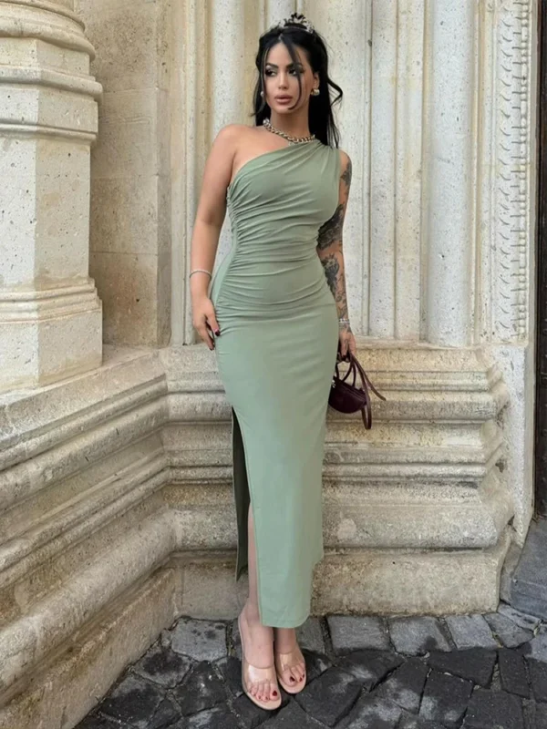 Minimalist Asymmetric Evening Dress – Elegant Green - Image 8